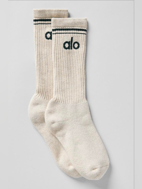 ALO Yoga Accessories - Alo | Unisex Throwback Sock | Oatmeal Heather/Charcoal Green